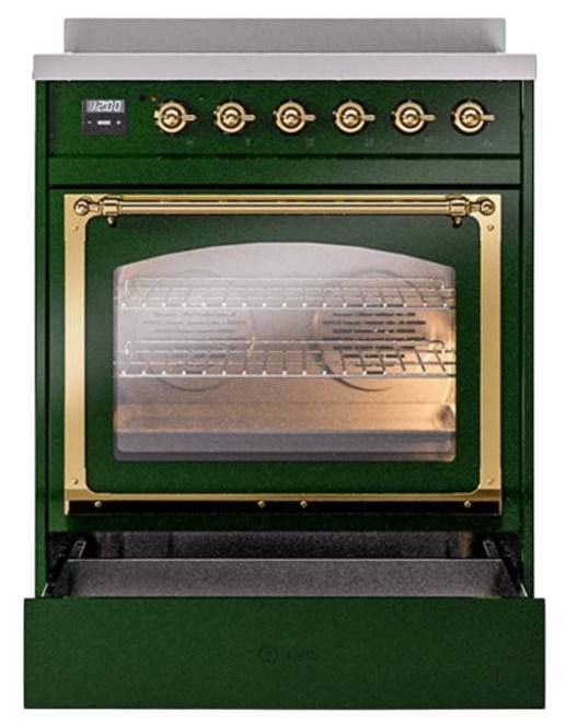 Ilve® Nostalgie II Noblesse 30'' Emerald Green Pro Style Induction Range with Brass Trim-3