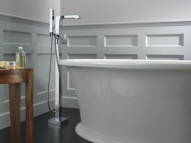 Delta Ara® Chrome Single Handle Floor Mount Tub Filler Trim with Hand Shower-2