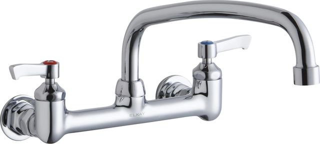 Elkay Chrome Foodservice 8" Centerset Wall Mount Faucet with 12" Arc Tube Spout and Lever Handles-0