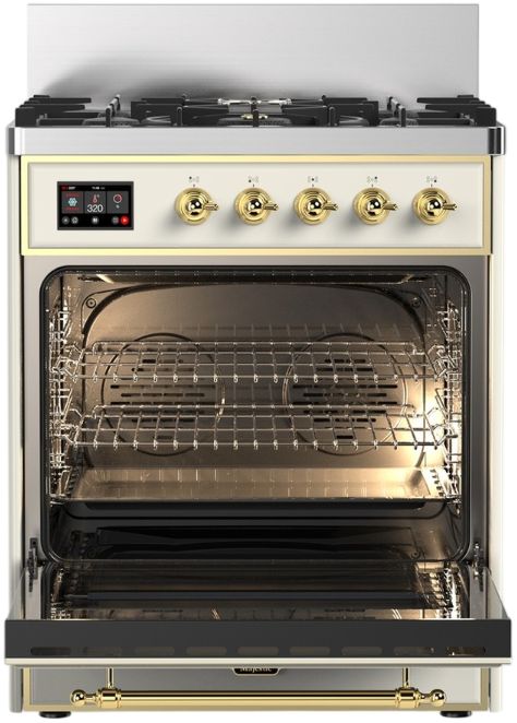 Ilve® Majestic III 30" Antique White Pro Style Dual Fuel Natural Gas Range with Triple Glass Door and BrassTrim-2