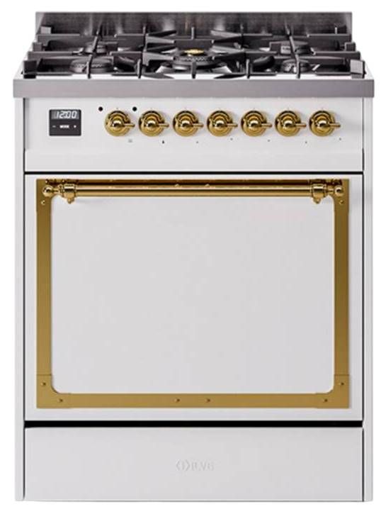 Ilve® Nostalgie II Noblesse 30'' White Pro Style Dual Fuel Range with Brass Trim-0