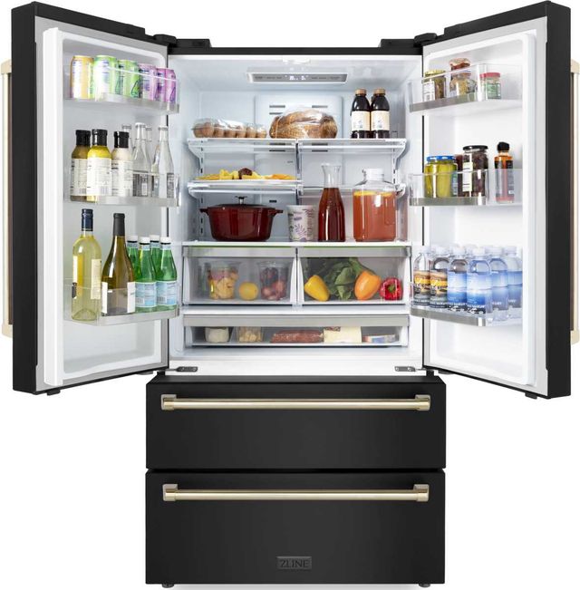 ZLINE Autograph Edition 36" 22.5 Cu. Ft. Fingerprint Resistant Black Stainless Steel Counter Depth French Door Refrigerator with Polished Gold Traditional Handles-2