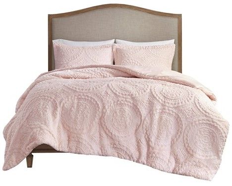 Olliix by Madison Park Arya Blush Full/Queen Embroidered Medallion Faux Fur Ultra Plush Comforter Mini Set-0