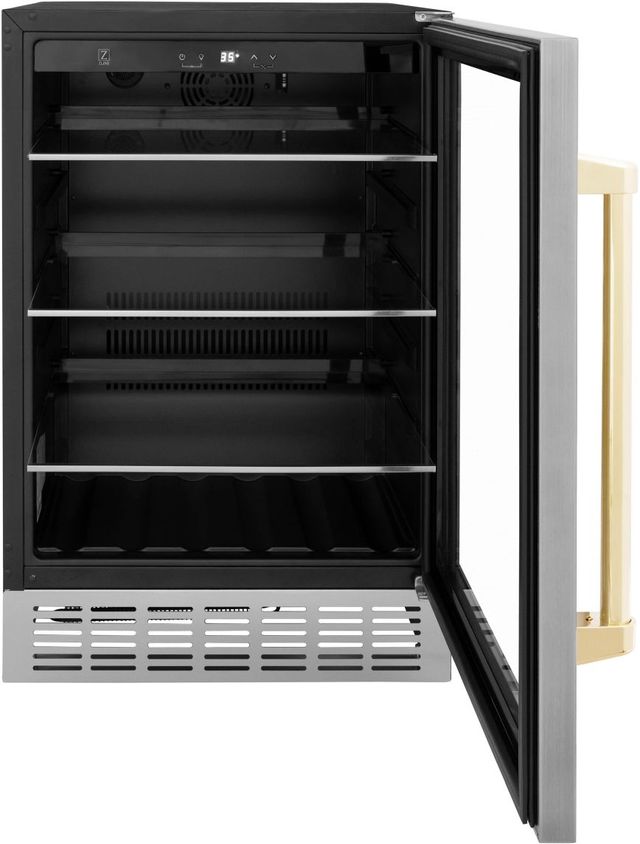 ZLINE Autograph Edition Monument 24" 4.5 Cu. Ft. Stainless Steel Freestanding Beverage Fridge with Polished Gold Accents-1
