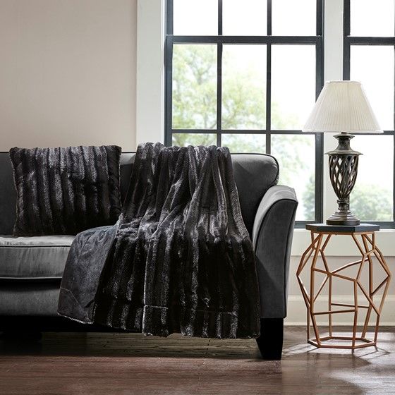 Olliix by Madison Park Duke Black 20x20" Polyester Black Long Fur Square Pillow-1