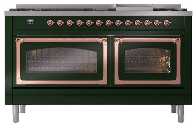 Ilve® Nostalgie II Noblesse 60'' Emerald Green Pro Style Dual Fuel Range with Copper Trim-1