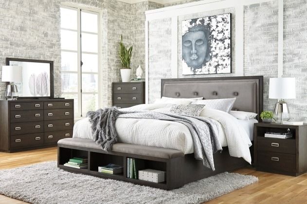 Signature Design by Ashley® Hyndell 2-Piece Dark Brown California King Upholstered Panel Storage Bed Set-3