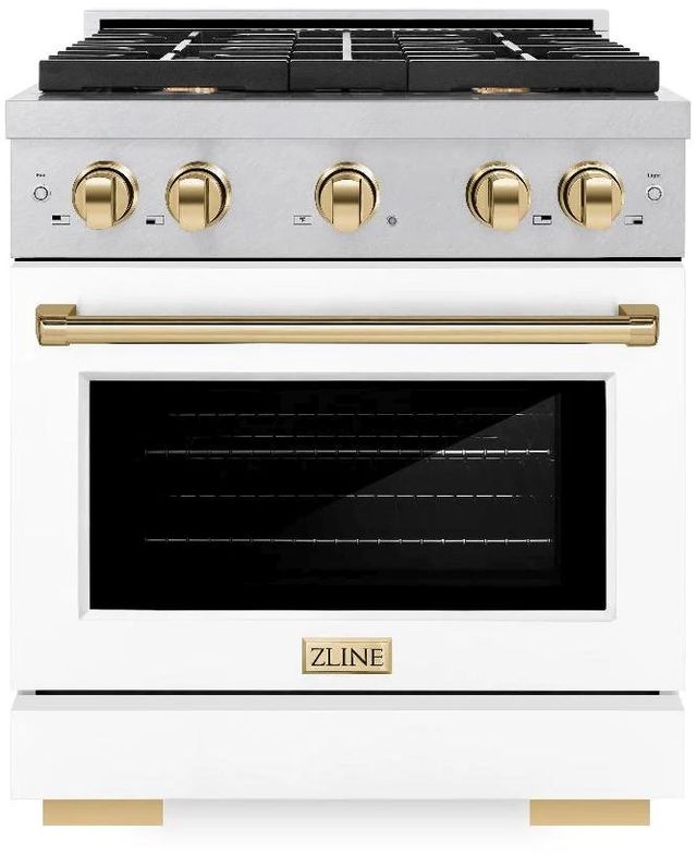 ZLINE Autograph Edition Paramount 30" Satin Stainless Steel Pro Style Dual Fuel Range with White Matte Door and Polished Gold Accents-0