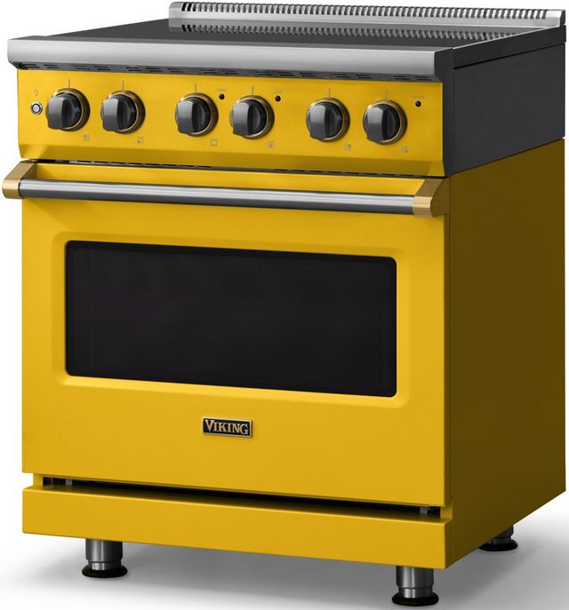 Viking® 5 Series 30" Daffodil Pro Style Electric Range with Brushed Brass Trim-2
