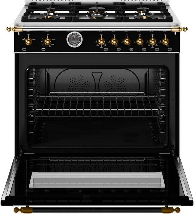 Bertazzoni Heritage Series 36" Fingerprint Resistant Nero Matt Pro Style Gas Range with Gold Accents-1