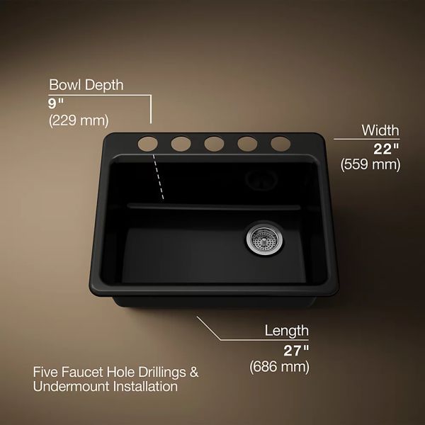 KOHLER® Riverby® Black 27" Undermount Single-Bowl Workstation Kitchen Sink with Accessories-3