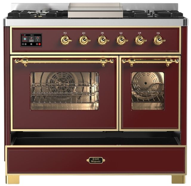 Ilve® Majestic III 40" Burgundy Pro Style Dual Fuel Liquid Propane Range with Triple Glass Door and Brass Trim-2