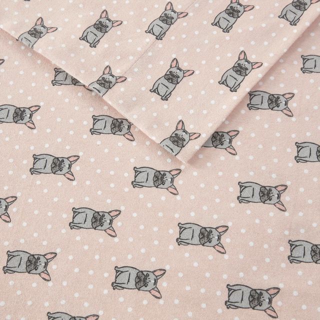 Olliix by True North by Sleep Philosophy Pink French Bulldog Twin Cozy 100% Cotton Flannel Printed Sheet Set-2