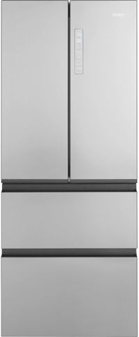 Front view of the Haier 28 in. 14.5 Cu. Ft. Fingerprint Resistant Stainless Steel Counter Depth French Door Refrigerator