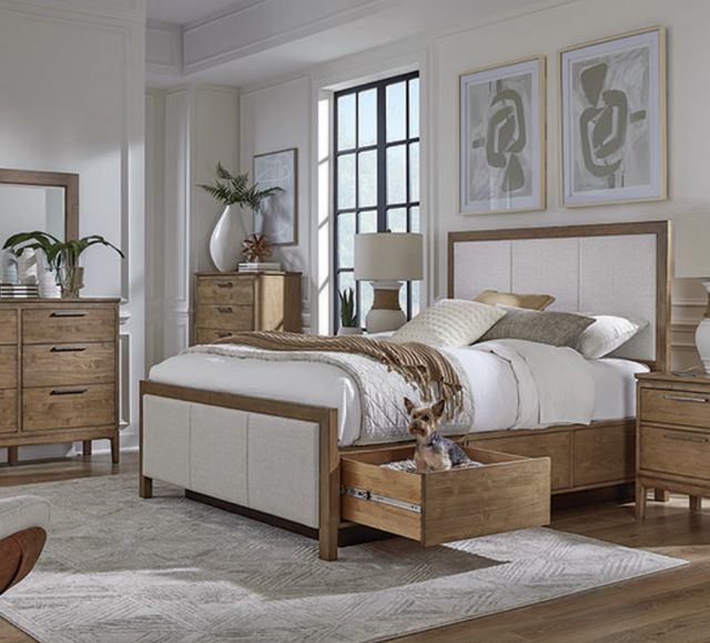 Whittier Wood® Furniture Bailey Nutmeg King Upholstered Storage Panel Bed-1
