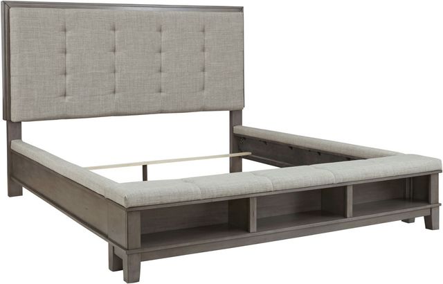 Benchcraft® Hallanden Antiqued Gray King Upholstered Panel Storage Bed-1