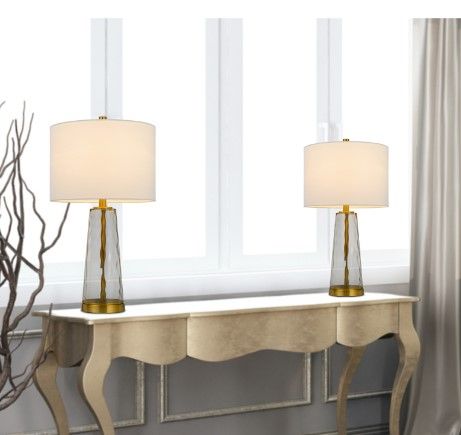 Cal® Lighting & Accessories Heber 2-Piece Antique Brass/White Glass Table Lamp Set-1
