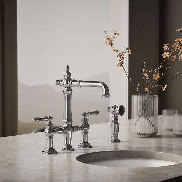 KOHLER® Artifacts® Polished Chrome 3-Hole Bridge Bar Sink Faucet with Side Sprayer-1