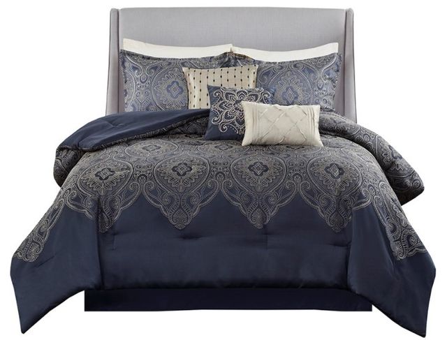 Olliix by Madison Park Tristen 7 Piece Navy King Jacquard Comforter Set-0