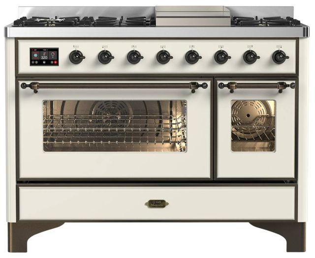Ilve® Majestic III 48" Antique White Pro Style Dual Fuel Natural Gas Range with Triple Glass Door and Burnished Trim-0