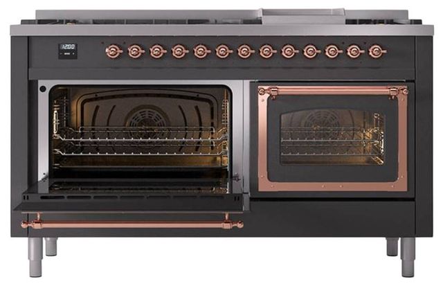 Ilve® Nostalgie II Noblesse 60'' Graphite Matte Pro Style Dual Fuel Range with Copper Trim-3