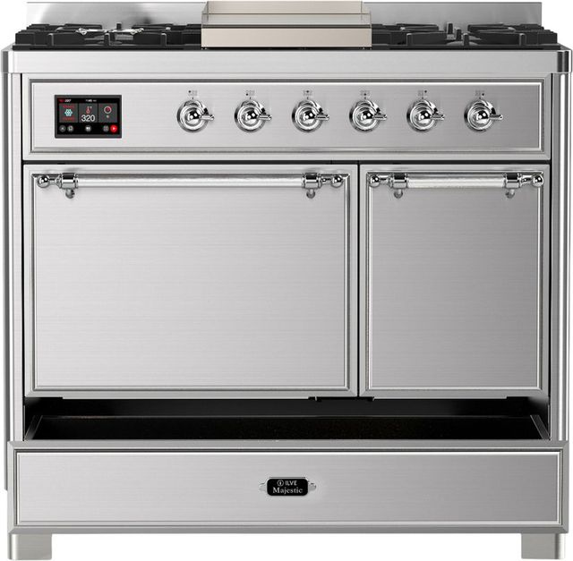 Ilve® Majestic III 40" Stainless Steel Pro Style Dual Fuel Natural Gas Range with Solid Door and Chrome Trim-1