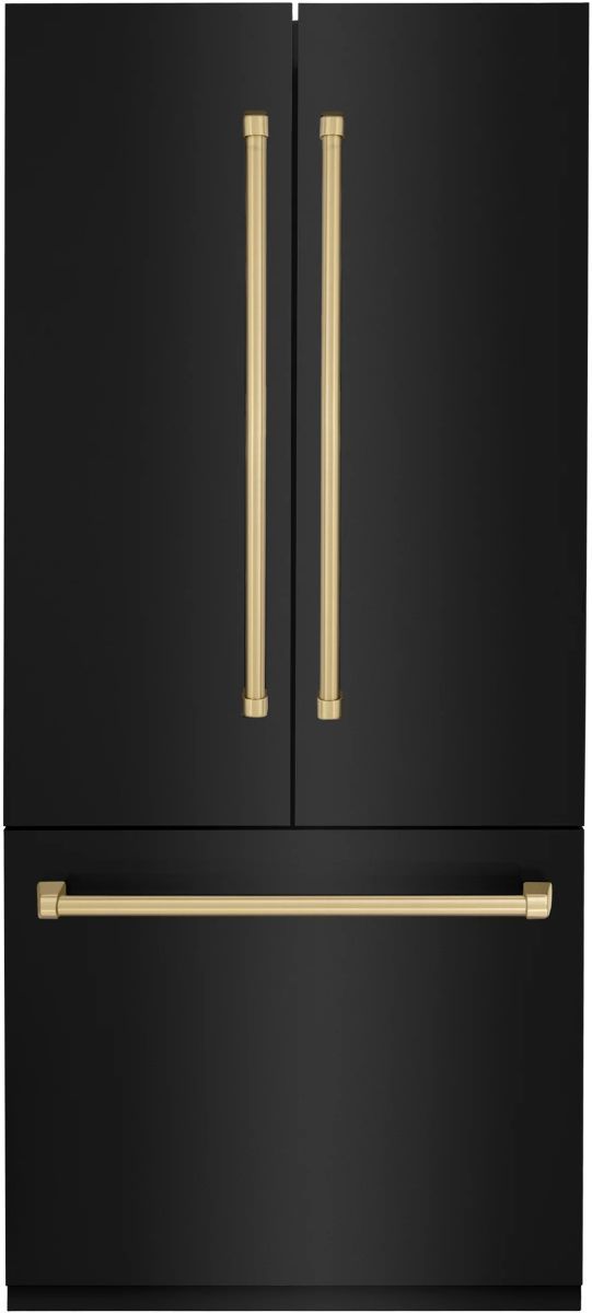 ZLINE Autograph Edition 36" 19.6 Cu. Ft. Black Stainless Steel Built-In Counter Depth French Door Refrigerator with Champagne Bronze Accent and Bright White Interior-0