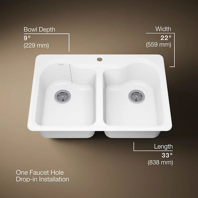 KOHLER® Hartland® White 33" 1-Faucet Hole Top-Mount Double-Bowl Kitchen Sink-3