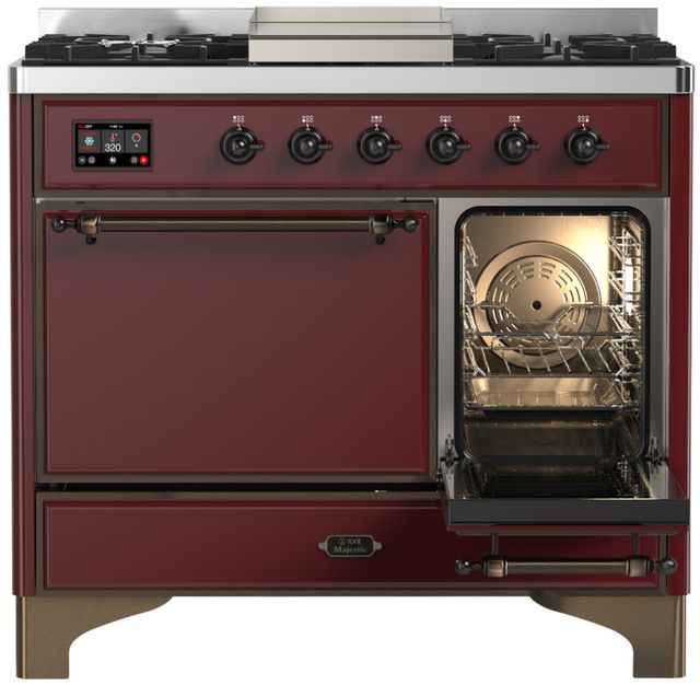 Ilve® Majestic III 40"Burgundy Pro Style Dual Fuel Natural Gas Range with Solid Door and Burnished Trim-3