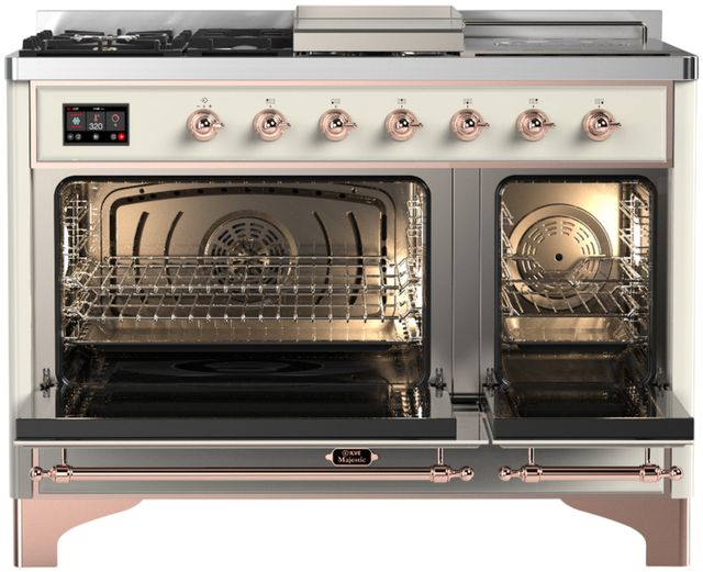 Ilve® Majestic III 48" Antique White Pro Style Dual Fuel Natural Gas Range with 5 Black Brass Burners and Copper Trim-1
