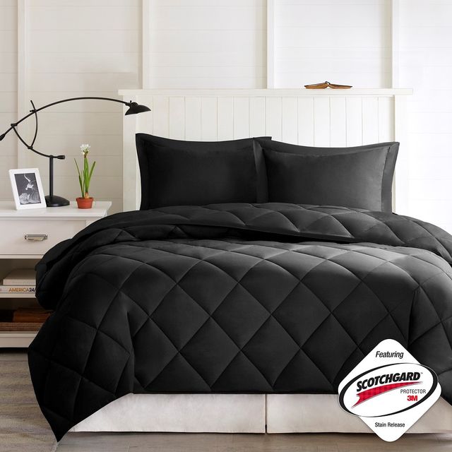 Olliix by Madison Park Essentials Larkspur Black and Black Full/Queen 3M Scotchgard Reversible Down Alternative Comforter Set-1