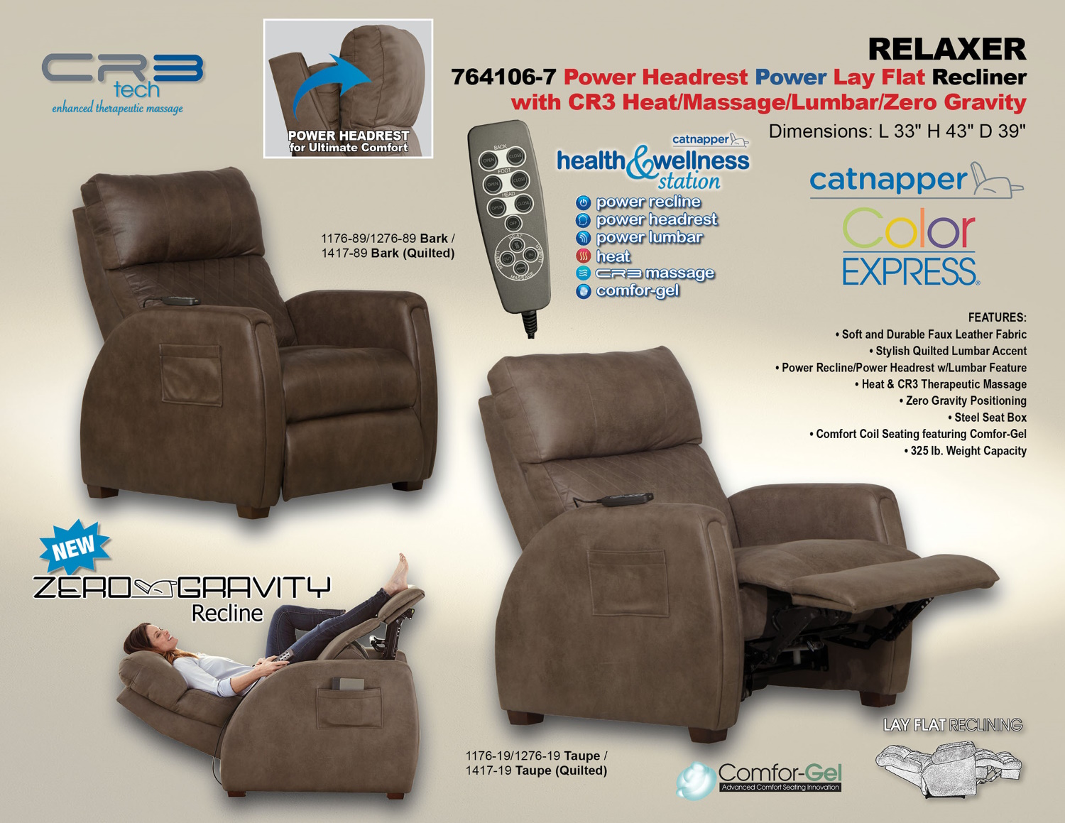 Catnapper® Relaxer Taupe Zero Gravity Power Recliner with Power