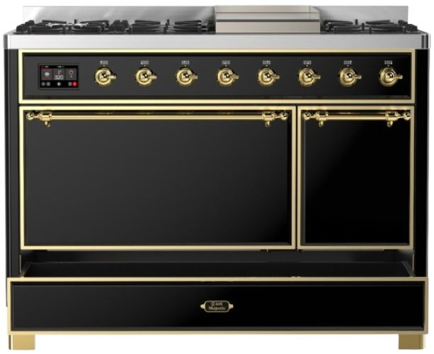 Ilve® Majestic III 48" Glossy Black Pro Style Dual Fuel Liquid Propane Range with Solid Door and Brass Trim-2