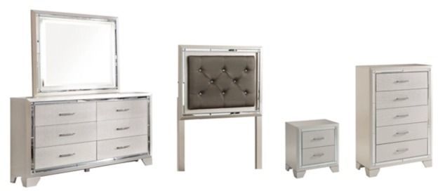 Signature Design by Ashley® Lonnix 5-Piece Silver Twin Upholstered Panel Headboard Bed Set-0