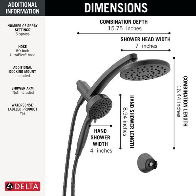 Delta Universal Showering PivotPro™ Matte Black 3-in-1 Combination Shower with Docking Mount for Hand Shower-2