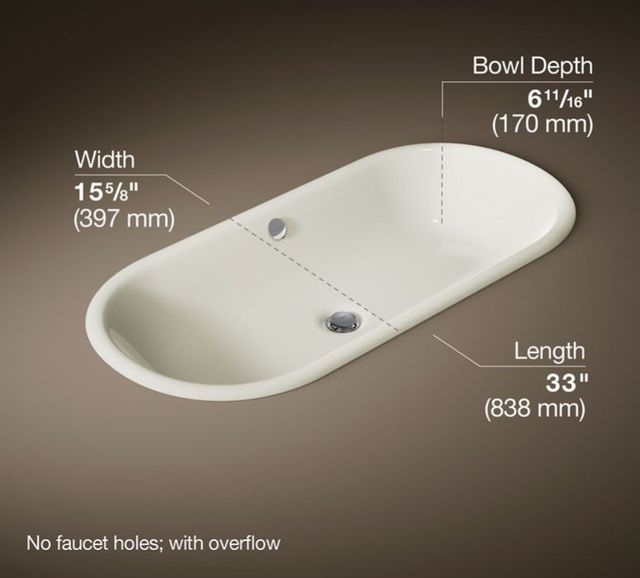 Kohler Iron Plains® Biscuit 33" Oval Drop-In/Undermount/Vessel Bathroom Sink with Biscuit Painted Underside-3