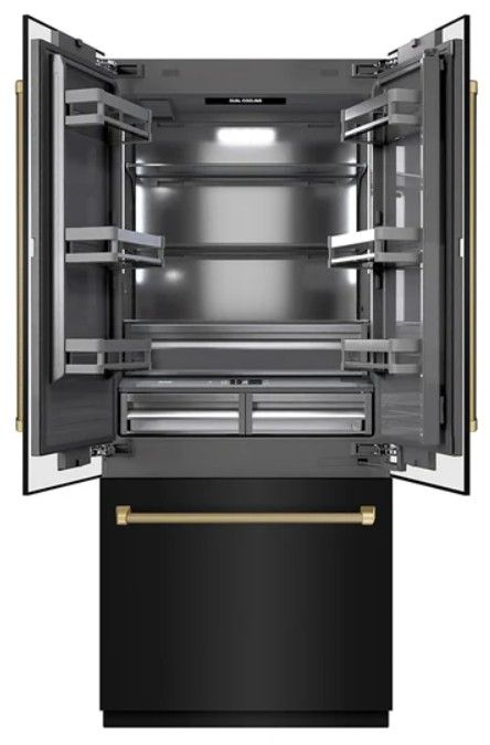 ZLINE Autograph Edition 36"  19.6 Cu. Ft. Black Stainless Steel French Door Built-In Bottom Freezer Refrigerator with Water Dispenser and Ice Maker in Graphite Gray Interior and Champagne Bronze Helix Handles-3