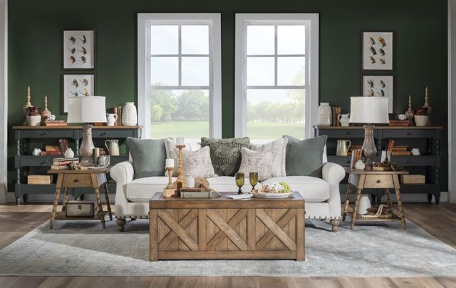 Legacy Classic Vintage Market Barnwood Oak 64" Console Table with Mallard Green Base-3