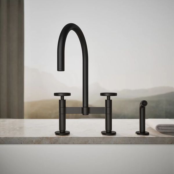 KOHLER® Billet® Matte Black 18" 2-Hole Bridge Kitchen Sink Faucet with Side Sprayer and Round Handles-3