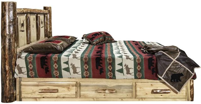 Montana Woodworks® Glacier Country Stained and Lacquered King Platform Storage Bed with Laser Engraved Elk Design-2