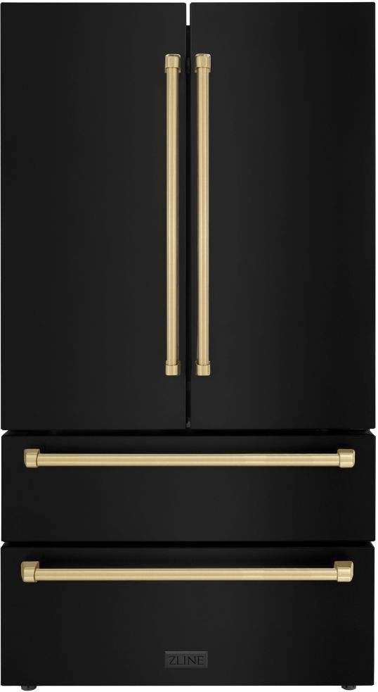 ZLINE Autograph Edition 36" 22.5 Cu. Ft. Fingerprint Resistant Black Stainless Steel Counter Depth French Door Refrigerator with Ice Maker and Champagne Bronze Traditional Handles-0