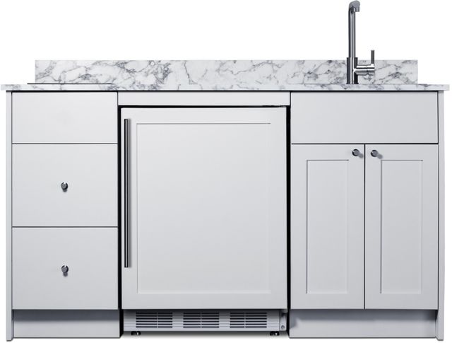 Summit® TurnKey Caldera Kitchen 63" White Kitchenette with 5 Cu. Ft. Built-In Under the Counter Refrigerator, Induction Cooktop, and Stainless Steel Sink with Faucet-0