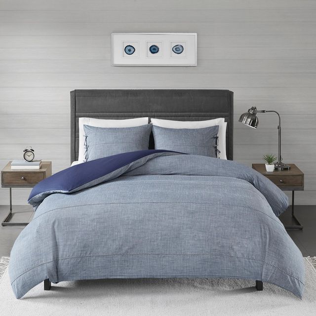 Olliix by Madison Park 3 Piece Denim Blue King/California King Raven Cotton Yarn Dye Duvet Cover Set-2