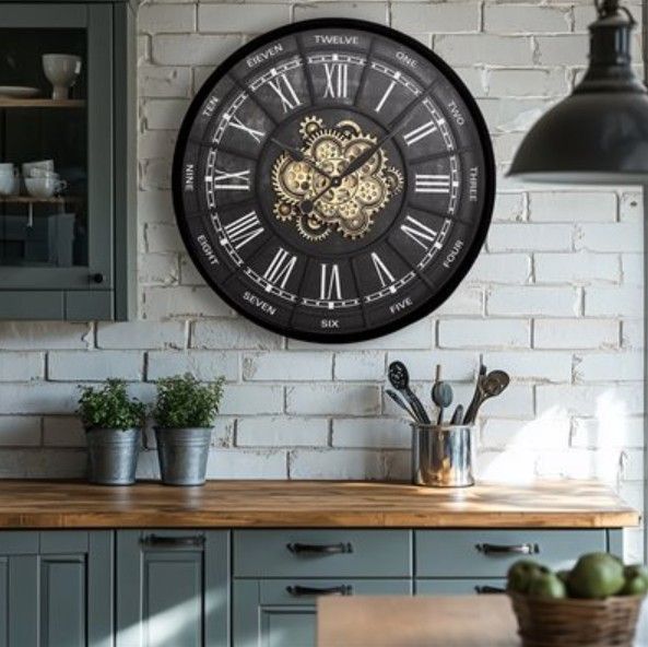 YHD Espirit Black Iron Open Gear Wall Clock-1