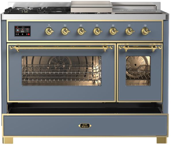 Ilve® Majestic III 48" Blue Gray Pro Style Dual Fuel Natural Gas Range with 5 Black Brass Burners and Brass Trim-1