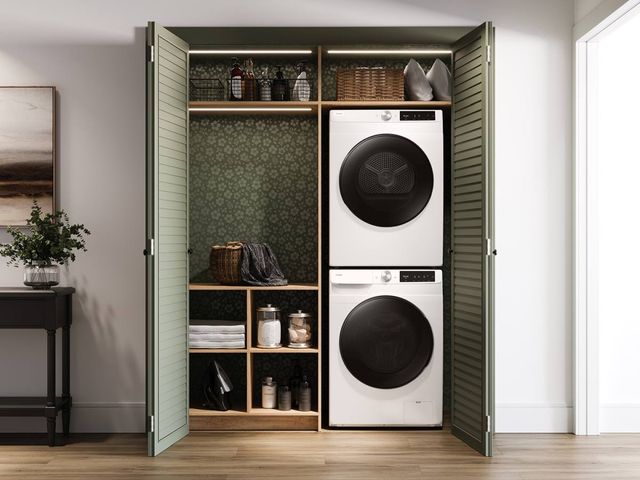 Modern Samsung laundry setup with gas and electric dryers