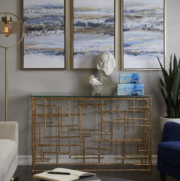 Deco Marche U Select Clear Console Table with Gold Base-4