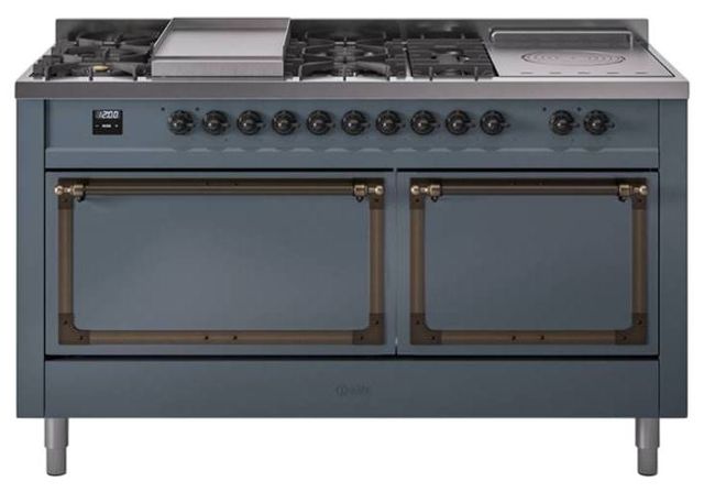 Ilve® Nostalgie II Noblesse 60'' Blue Gray Pro Style Dual Fuel Range with Burnished Trim-0