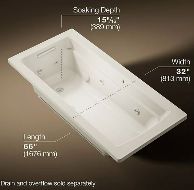 KOHLER® Archer® Biscuit 66" x 32" Drop-In Whirlpool Bath with Bask® Heated Surface-3