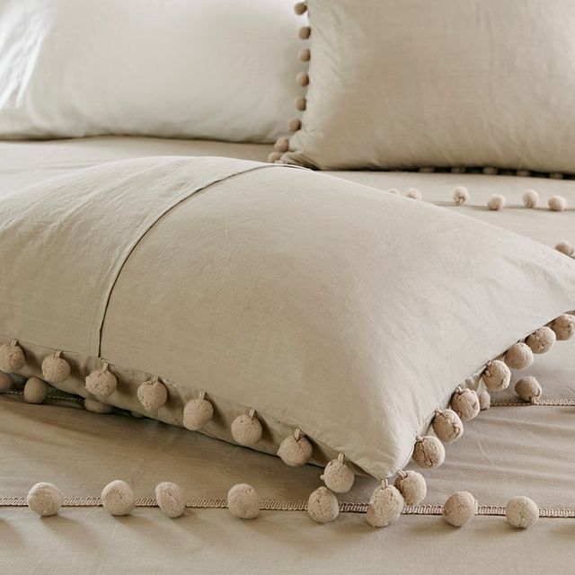 Olliix by Madison Park 3 Piece Taupe Full/Queen Leona Pom Pom Cotton Duvet Cover Set-3